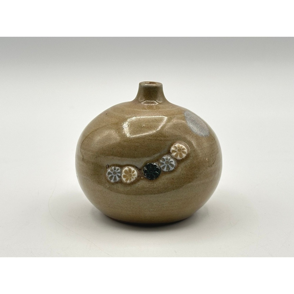 Vintage Studio Pottery Bud Vase Signed Tan Ceramic Floral Round Small 3.5in